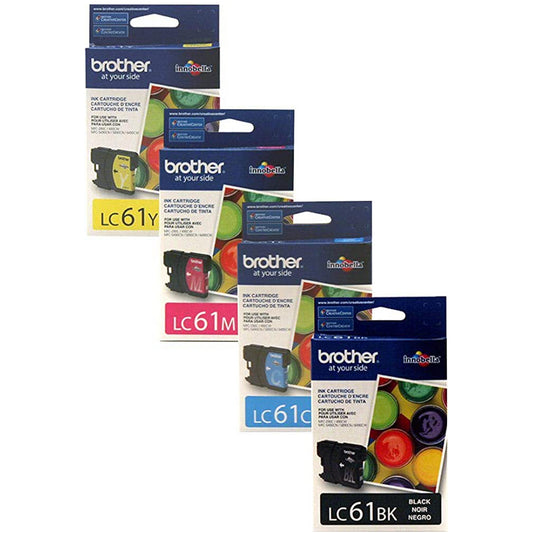 Original Brother LC61 Black Cyan, Magenta, Yellow Ink Cartridges, Pack Of 4