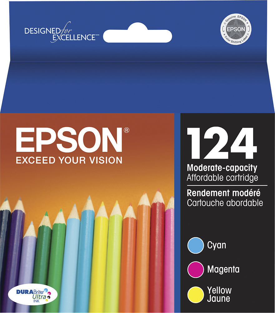 Original Epson 124 Cyan, Magenta, and Yellow Ink Cartridges