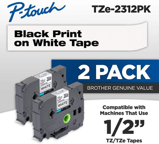 Genuine Brother TZe-2312PK 1/2 In. Black on White P-Touch Label Tape 2/Pack