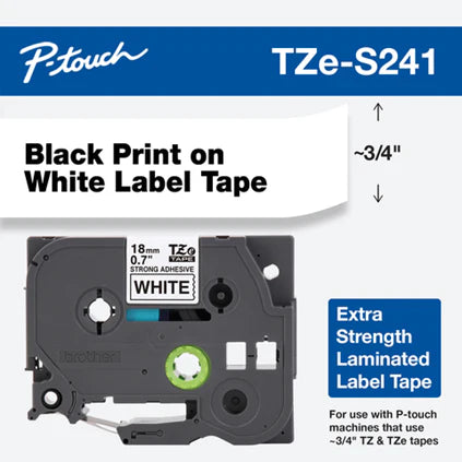 Genuine Brother TZe-S241 Labelling Tape Cassette – Black on White, 18mm wide