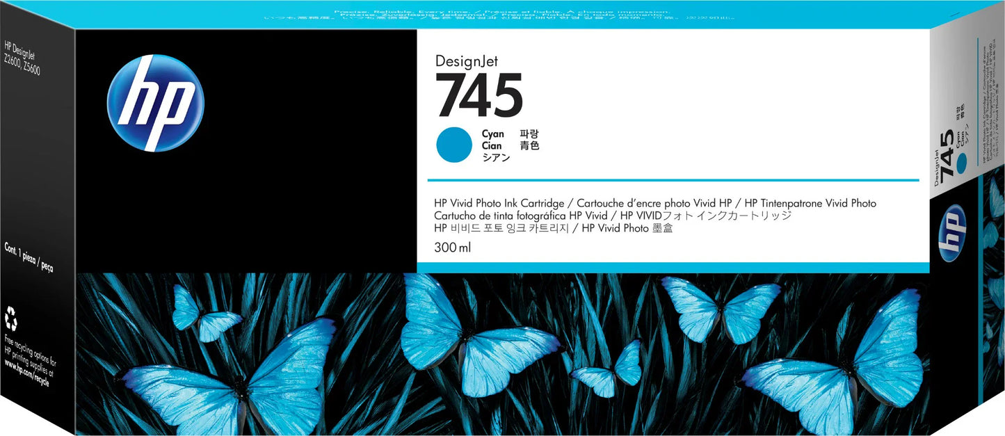 Genuine HP 745 300ml High-Yield Cyan DesignJet Ink Cartridge, F9K03A